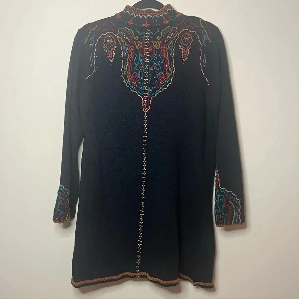 VTG COLDWATER CREEK Colorful Boho 90s Beaded Embroidered Longlined Fall Cardigan